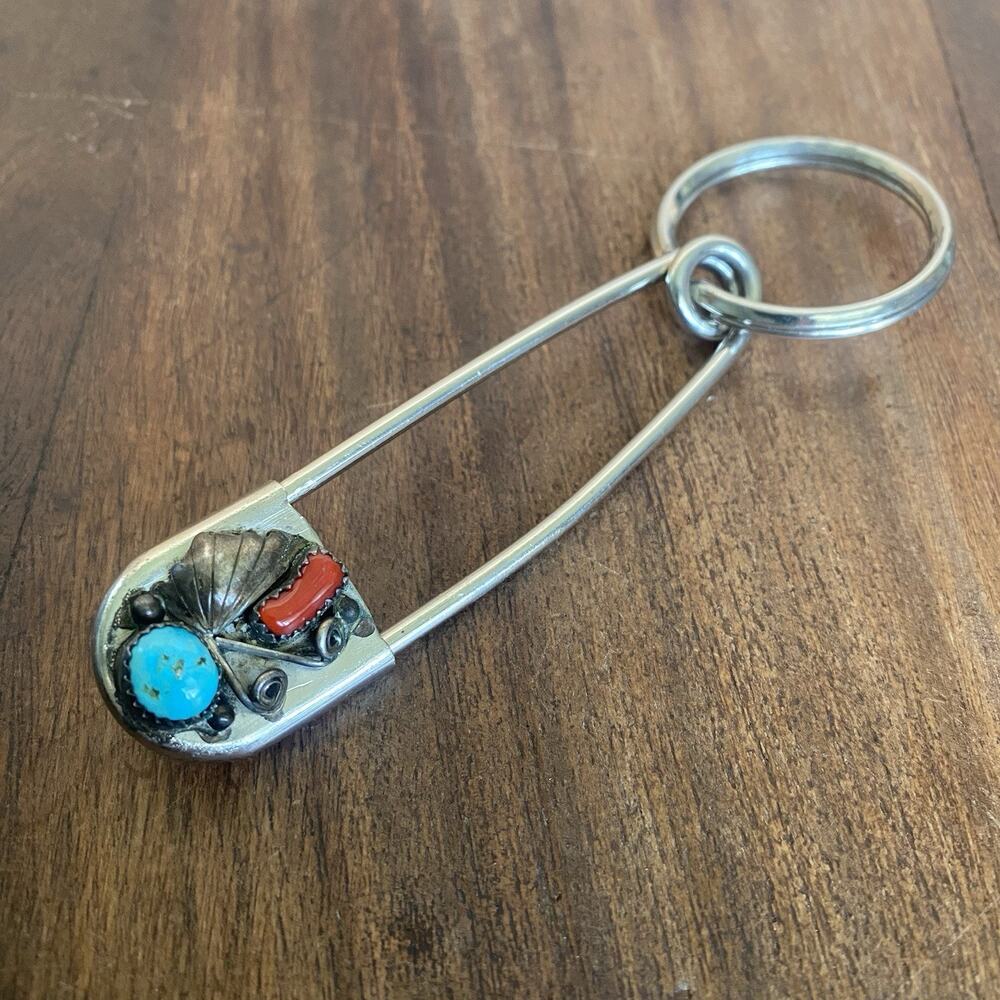 Vintage Safety Pin Keychain Coral Turquoise Inlaid Stones 3" Native American